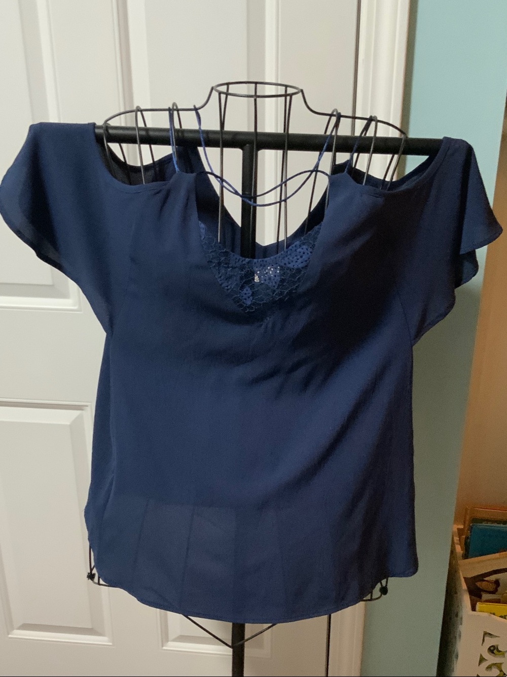 entro Navy Cold-Shoulder Blouse with Crochet Yoke